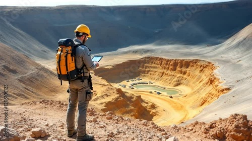 Mining Engineer Surveying Open-Pit Gold Mine using Tablet