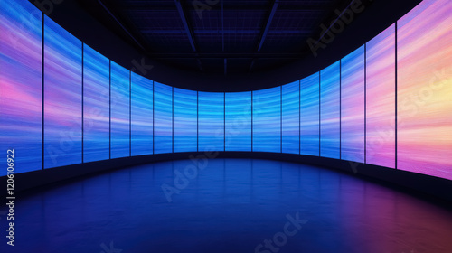 Authentic concave LED display for a wall or platform. Large TV display depicted colorful in dark room