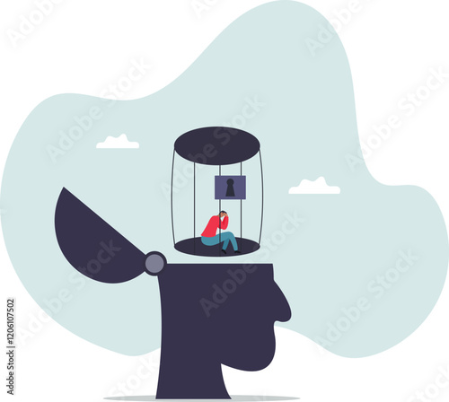 Struggle prison mind, fixed mindset trapped inside psychology, stressed anxiety or overworked, slavery, despair prisoner or depression.business concept.flat character.