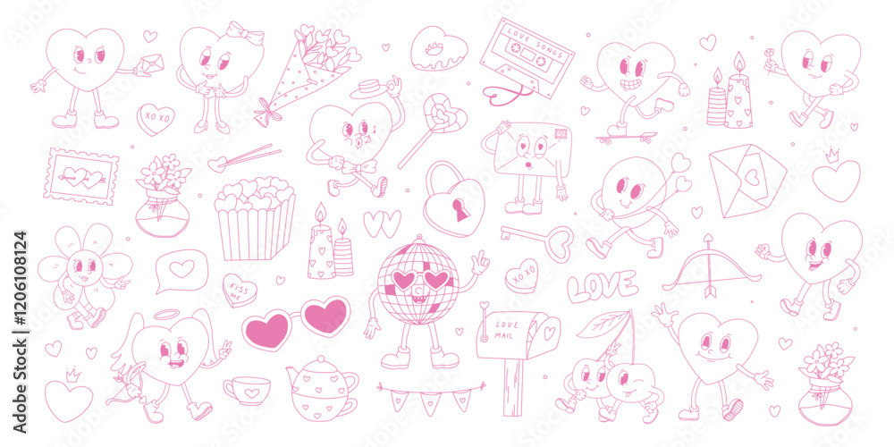 Set of Valentine's day pink doodles for prints, cards, social media decor, stickers, coloring pages, posters, banners, etc. EPS 10 Set of Valentine's day pink doodles for prints, cards, social media decor, stickers, coloring pages, posters, banners, etc. EPS 10