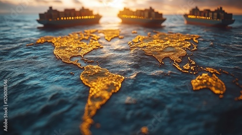 A stylized world map with ships, symbolizing global trade and maritime transport.
