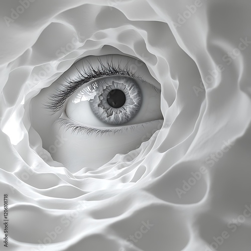 Human eye looking through white organic tunnel, observing and exploring a surreal dimension