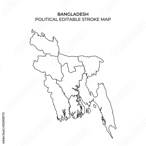 This map outlines the political boundaries of Bangladesh, featuring major regions and divisions. Ideal for educational purposes, presentations, or design projects requiring customization.