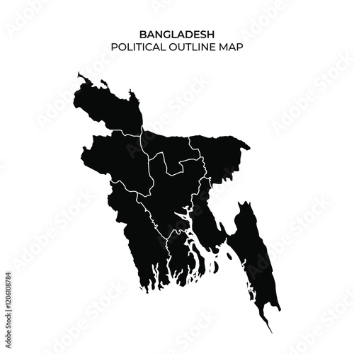 A detailed political outline map of Bangladesh is presented, highlighting the various divisions. The map is entirely in black, emphasizing the geographical layout without textures or colors.