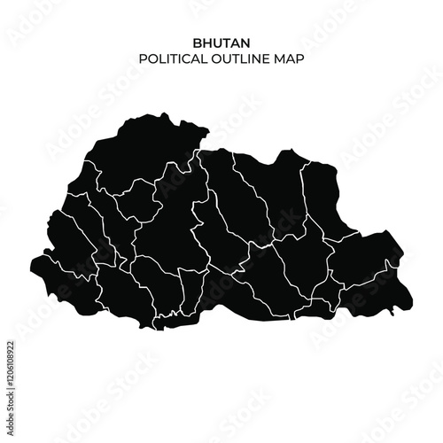 The outline map displays the political divisions of Bhutan, featuring various regions marked within the countrys boundary. This representation highlights strategic areas for reference.