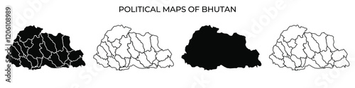 Four political maps of Bhutan illustrate various regions and boundaries. The first two images feature different styles of outlines, while the last shows a filled silhouette of the country.