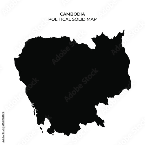A solid black map outline of Cambodia highlights its political boundaries. This depiction simplifies the geographical features while emphasizing national borders clearly.