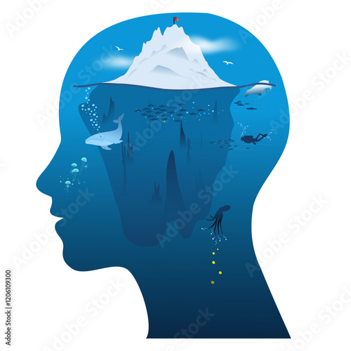 Silhouette of a human head with an iceberg inside its brain, drawings of a diver, a polar bear, a whale, jellyfish, fish and an octopus