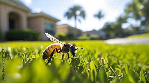 Honey bee exploring green grass in suburban garden