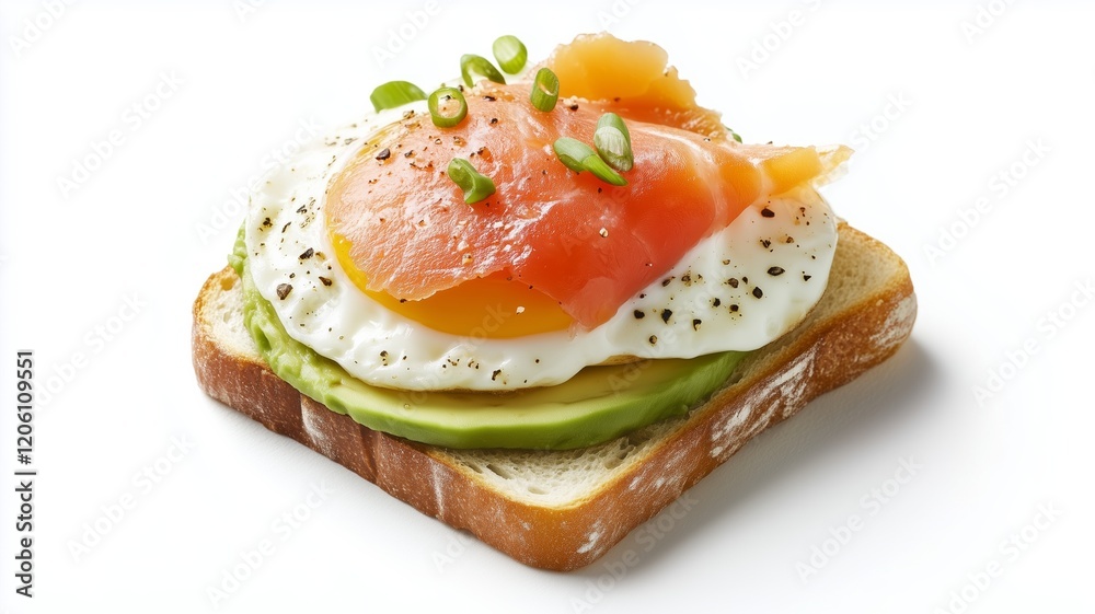 modern trendy breakfast sandwich or brunch dish - fried eggs with avocado and salmon on a sourdough bread toast with black pepper on white background