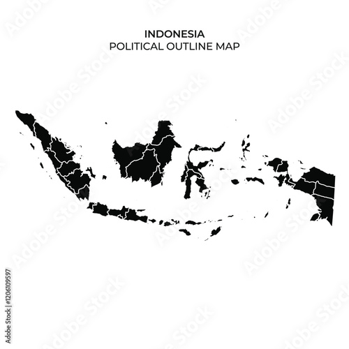 This is a detailed political outline map of Indonesia showcasing its various regions and administrative divisions. The map uses a black and white color scheme for clarity.