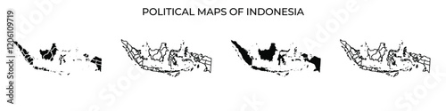 Several political maps of Indonesia display different regions and administrative boundaries. The maps highlight the countrys geographic diversity, showcasing its islands and provinces clearly.