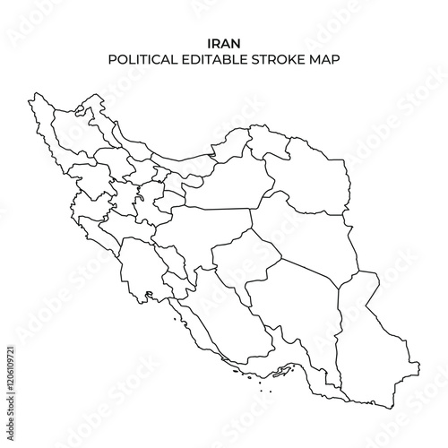 This graphic displays the political divisions of Iran, highlighting each region in an editable stroke format. It serves as a useful tool for educational and informational purposes.