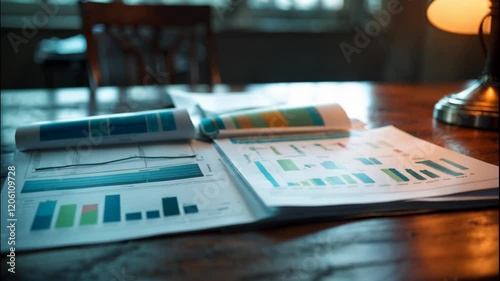 Financial Reports with Colorful Bar Charts and Data Graphs on Wooden Desk Under Warm Desk Lamp Light - Business Analysis
