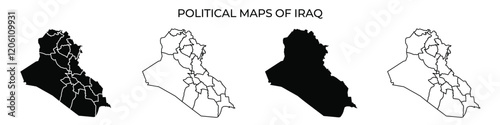 Several maps depict the political divisions of Iraq, highlighting various regions and administrative boundaries. These representations illustrate the complex geography and governance.