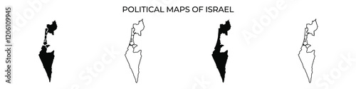 Different styles of political maps of Israel are displayed, showcasing the geographic outline and territorial divisions. Each version highlights specific areas with distinct patterns.