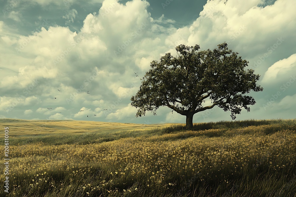 Obraz premium A solitary tree stands in a vast, grassy landscape under cloudy skies.