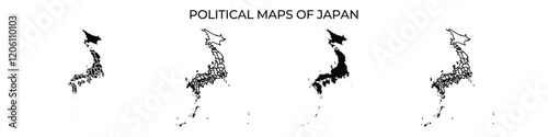 Series of maps illustrating the political divisions of Japan. Each map shows a different aspect of regional boundaries, highlighting administrative changes over time.