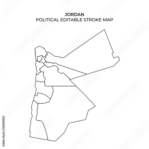 This illustration displays a detailed outline of the political divisions within Jordan. Each region is distinctly marked, useful for educational and planning purposes.
