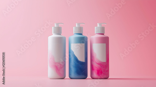 Three separate colors design for a shampoo and conditioner bottle with blank label gainst a pastel colored background photo