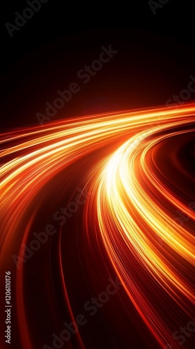 Abstract orange and red light trails curve on black background.