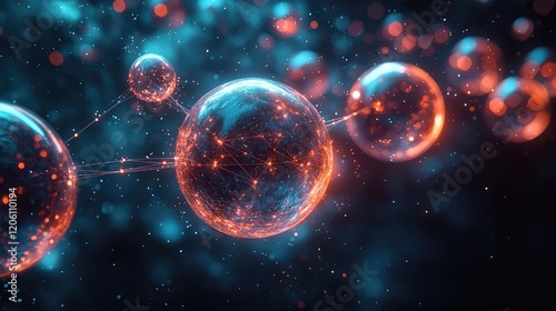 Abstract glowing spheres interconnected by lines, representing network connections or molecular structures. photo