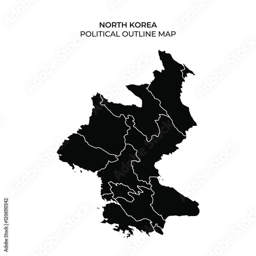 Political outline map of North Korea highlighting its regional divisions. The black silhouette emphasizes the distinct areas and boundaries within the country.