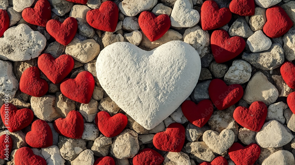 Obraz premium Romantic Red and White Stone Hearts Valentines Day Love Background Texture Pattern Design Abstract Art Heartshaped Decorative Beautiful Lovely Charming Sweet Affectionate