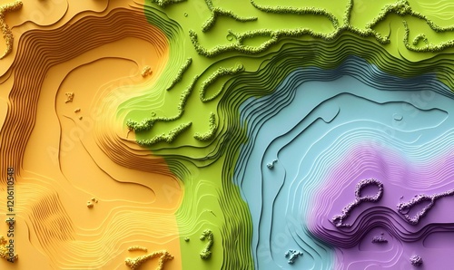 Vibrant Terrain Map, intricately designed to showcase colorful elevation changes, highlighting geographical features and topographical details.