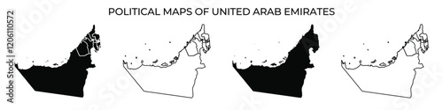 Different variations of political maps illustrate the territories of the United Arab Emirates. Each map highlights distinct regions and borders, reflecting geographic details clearly.