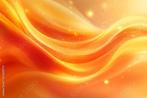 A vibrant abstract design featuring flowing orange waves and sparkling particles.