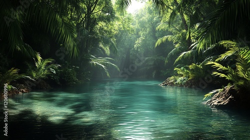 Serene jungle scene with a tranquil water body surrounded by lush greenery.