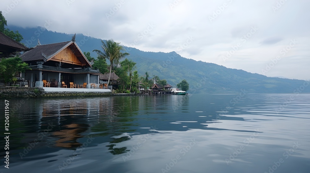 Naklejka premium Lakeside Houses Mountain View Calm Waters