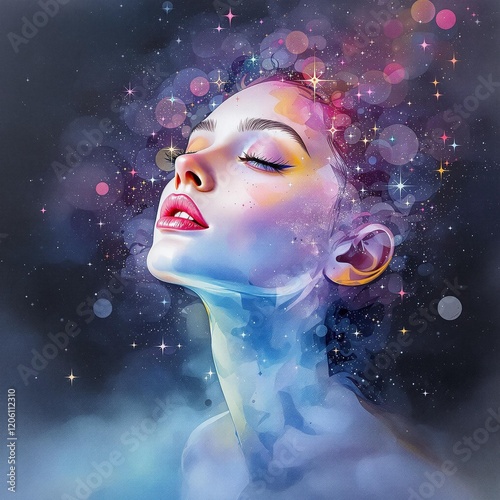 Dreamy Watercolor Chalk Portrait of a Girl in Surreal Stardust Dreamscape