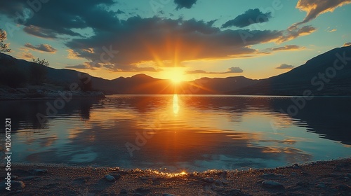 A serene sunset over a calm lake, reflecting vibrant colors and surrounding mountains.