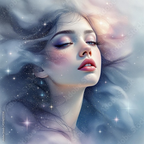 Dreamy Watercolor Chalk Portrait of a Girl in Surreal Stardust Dreamscape