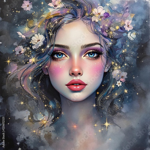 Dreamy Watercolor Chalk Portrait of a Girl in Surreal Stardust Dreamscape