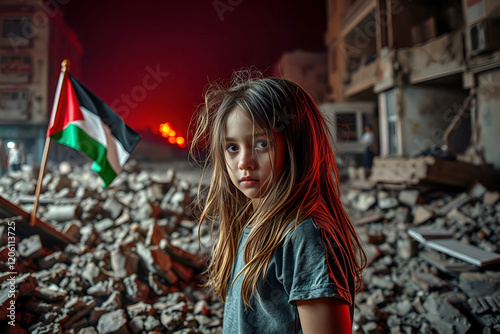 Palestinian child holding flag amidst ruins, gazing sadly at camera in dusty environment
 photo