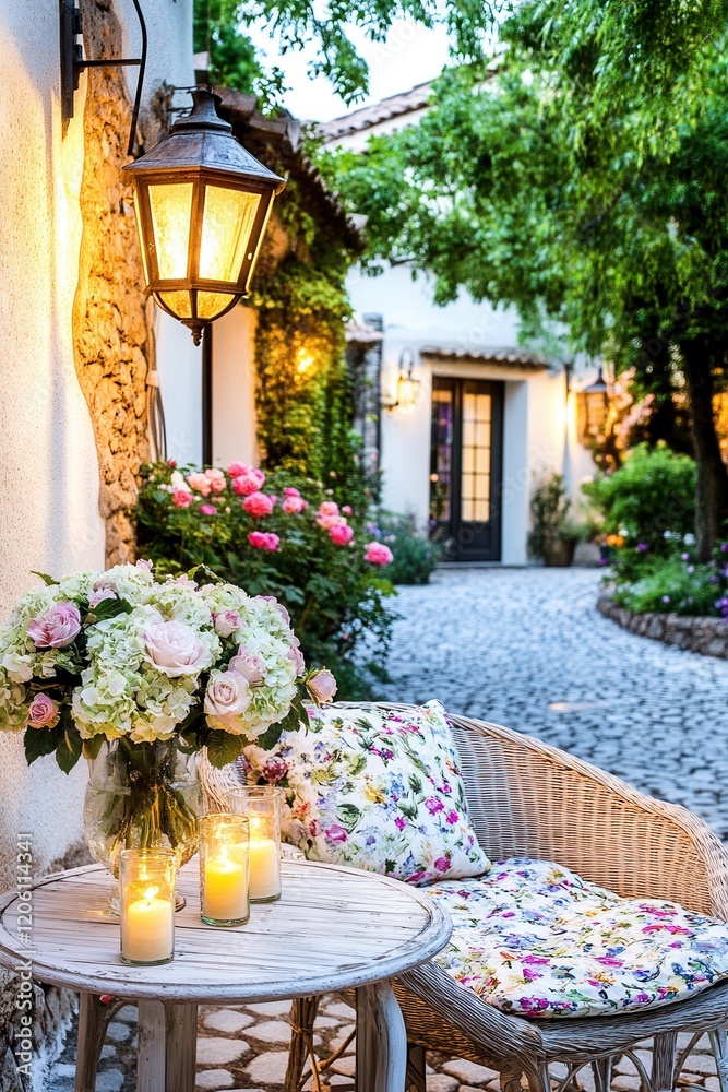 Obraz premium A shabby chic courtyard illuminated by warm lanterns, a distressed table showcasing a bouquet of hydrangeas and blooming roses in a delicate vase