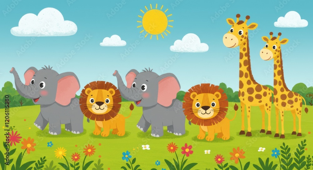 Naklejka premium Playful Animal Parade with Cartoon Elephants, Lions, and Giraffes