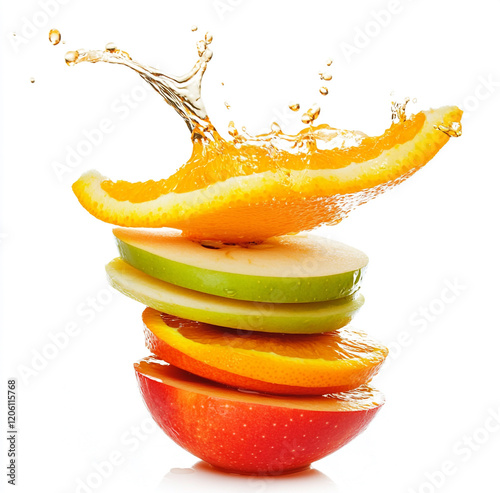Apple and orange juice splashing on stacked fruits