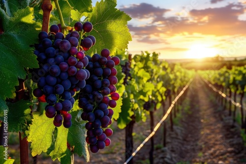 A breathtaking view of grapevines against a vibrant sunset. photo