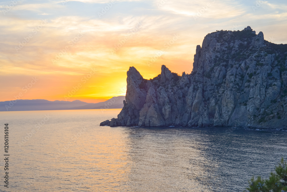 The beauty of nature seascape at sunset. Crimea. New World, Black Sea.