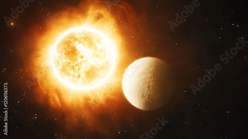 Bright Sun and Its Planet in Outer Space with Twinkling Stars
