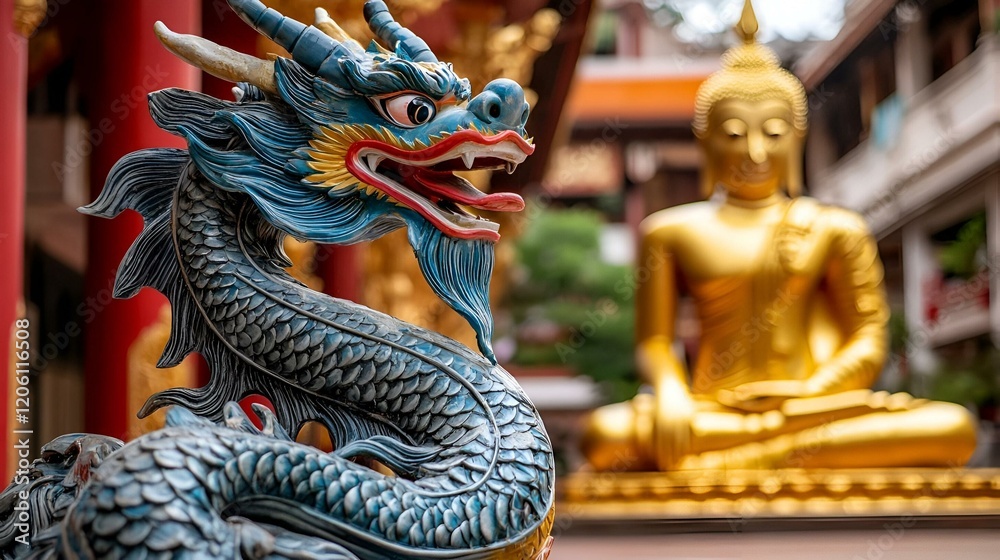 Fototapeta premium Vibrant Thai dragon statue alongside a majestic golden Buddha, showcasing intricate designs and cultural significance in a serene setting.