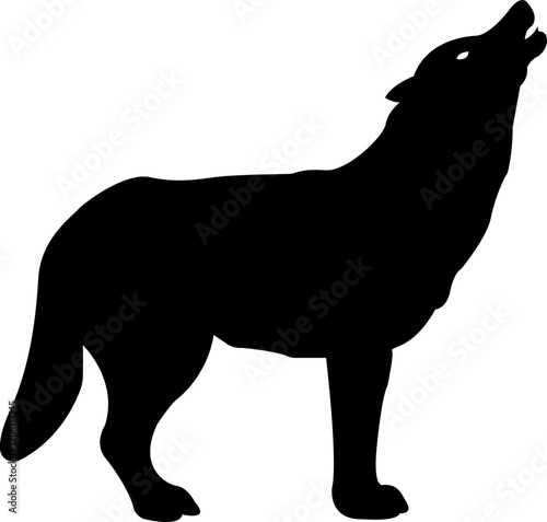 Black wolf silhouette cutout icon. Flat vector wolf animal  isolated on transparent background. Front and side view print tribal tattoo howling design Pagan familiar spirit art photo