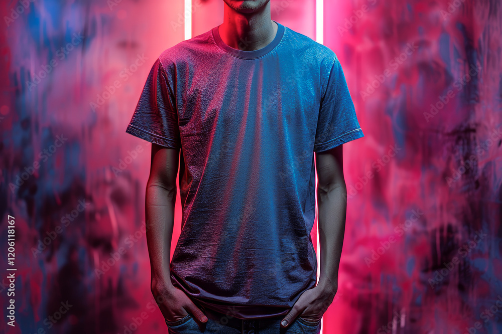 Obraz premium A stylish mens cotton t-shirt is presented for design inspiration, surrounded by dynamic atmosphere infused with neon pink and blue lights, creating modern and creative vibe. Mock up, copy space