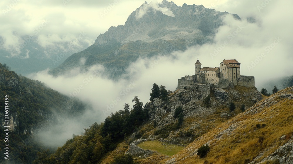 Obraz premium Medieval Castle Fortress in Scottish Landscape Under Dramatic Sky