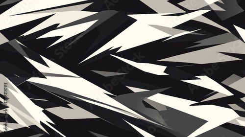 Abstract seamless pattern with sharp angular shapes in shades of black white and gray