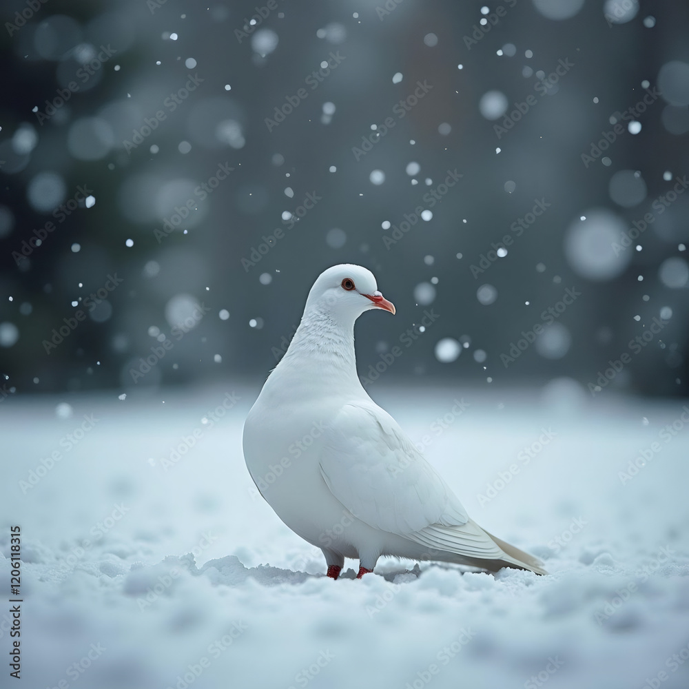Elegant white dove standing gracefully in a gentle winter snowfall scene Elegant white dove standing gracefully in a gentle winter snowfall scene